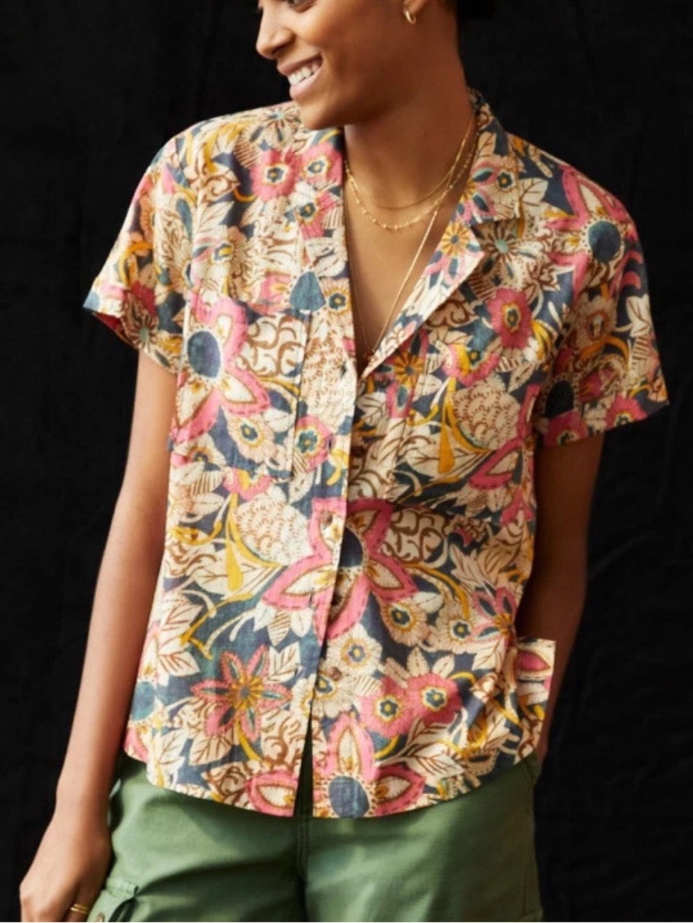 Anthropologie Pilcro Printed Voile Surf Shirt Top Multicolor Floral Size L